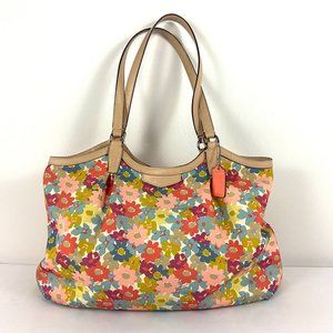 💎SOLD💎COACH Floral Tan Leather Handle Logotype Flower Canvas Tote Shoulder Bag